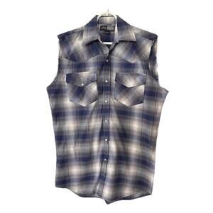 Canyon Guide Outfitters M Muscle Shirt Pearl Snap Blue Plaid Sleeveless